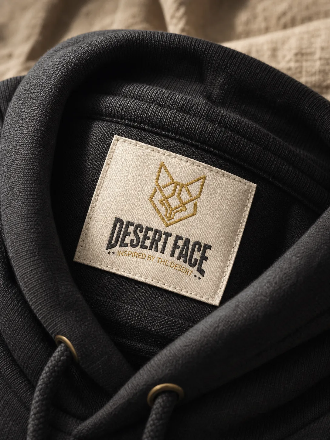 Desert Face woven label on a black hoodie
